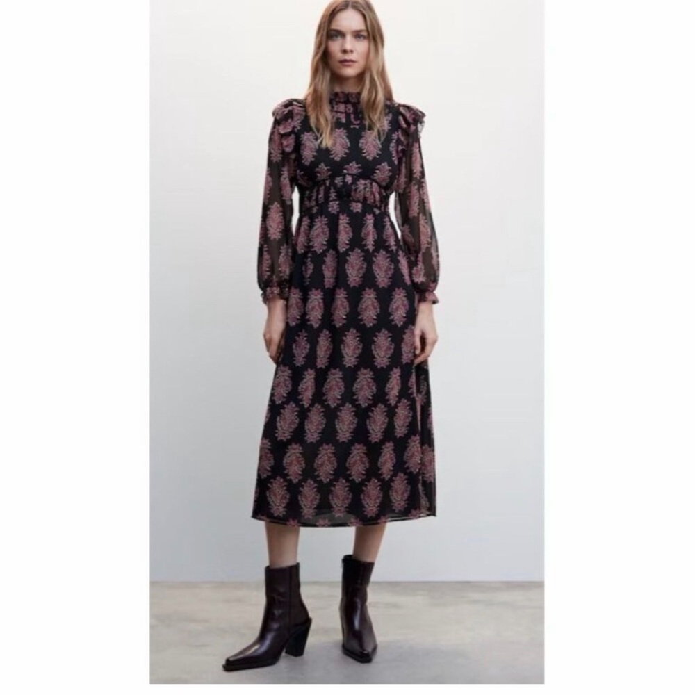 Mango Black Maxi Dress with Rose Print